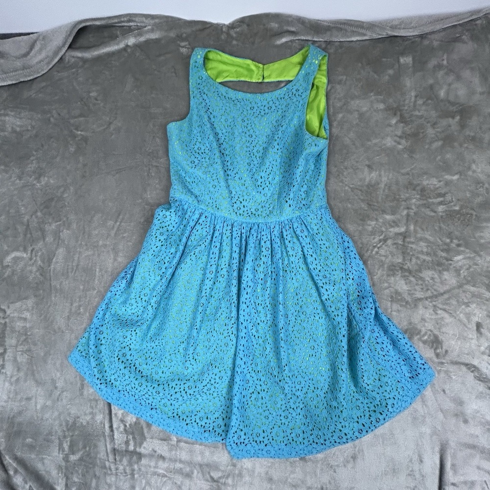 JESSICA HOWARD Size 12 A-Line Dress Blue Lace Green Lining Sleeveless